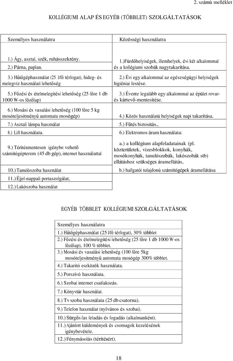 ) Főzési és ételmelegítési lehetőség (25 főre 1 db 1000 W-os főzőlap) 2.) Évi egy alkalommal az egészségügyi helyiségek higiéniai festése. 3.