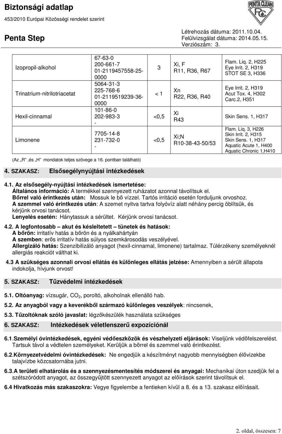 1, H317 Flam. Liq. 3, H226 Skin Irrit. 2, H315 Skin Sens. 1, H317 Aquatic Acute 1, H400 Aquatic Chronic 1,H410 (Az R,és H mondatok teljes szövege a 16. pontban található) 4.