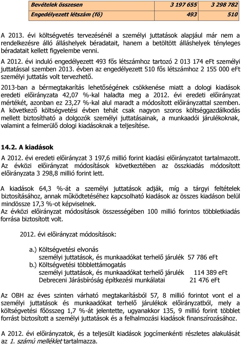 évi induló engedélyezett 493 fős létszámhoz tartozó 2 013 174 eft személyi juttatással szemben 2013. évben az engedélyezett 510 fős létszámhoz 2 155 000 eft személyi juttatás volt tervezhető.