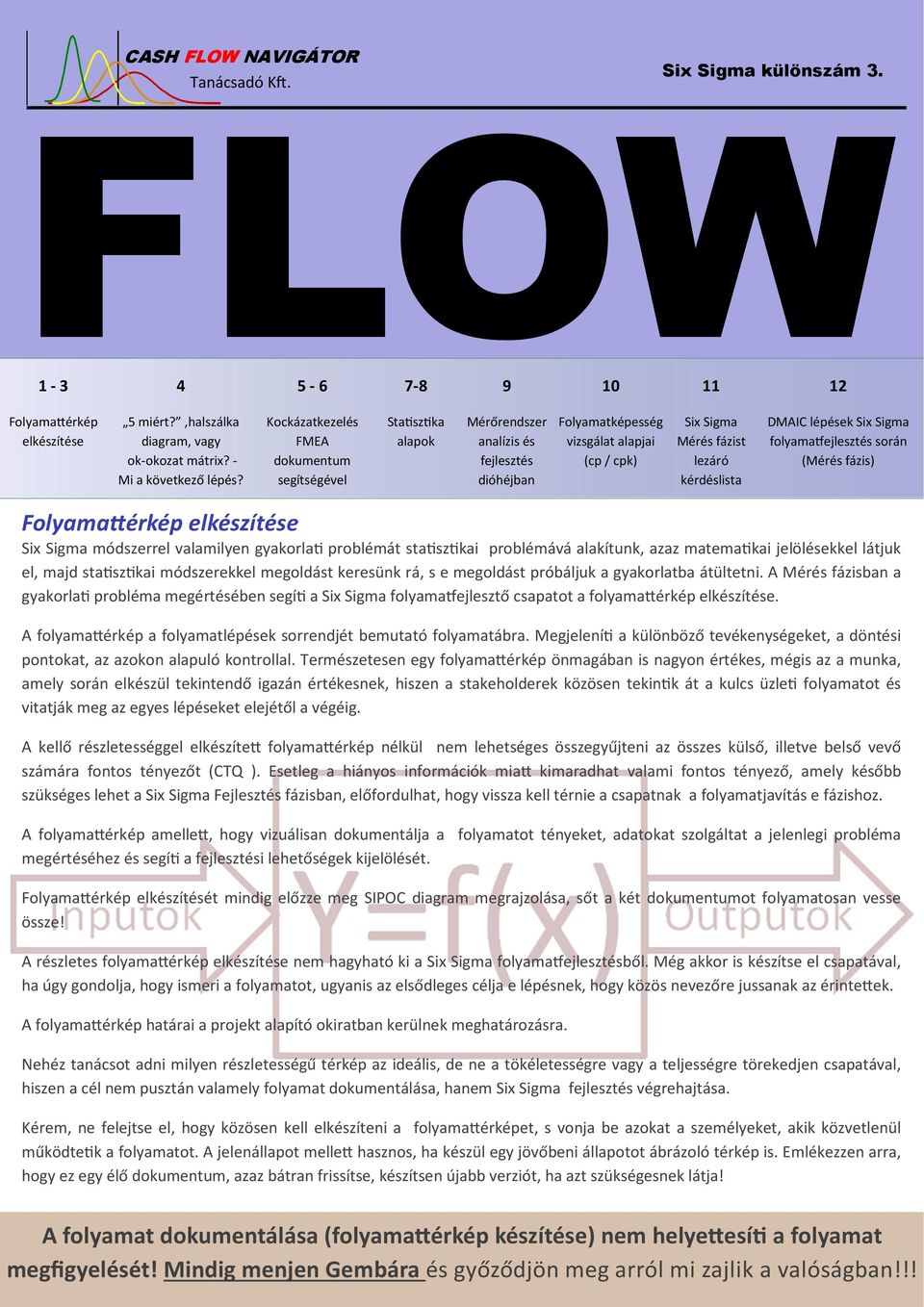 DMAIC lépések Six Sigma folyama ejlesztés során (Mérés fázis) Folyama érkép elkészítése Six Sigma módszerrel valamilyen gyakorla problémát sta sz kai problémává alakítunk, azaz matema kai