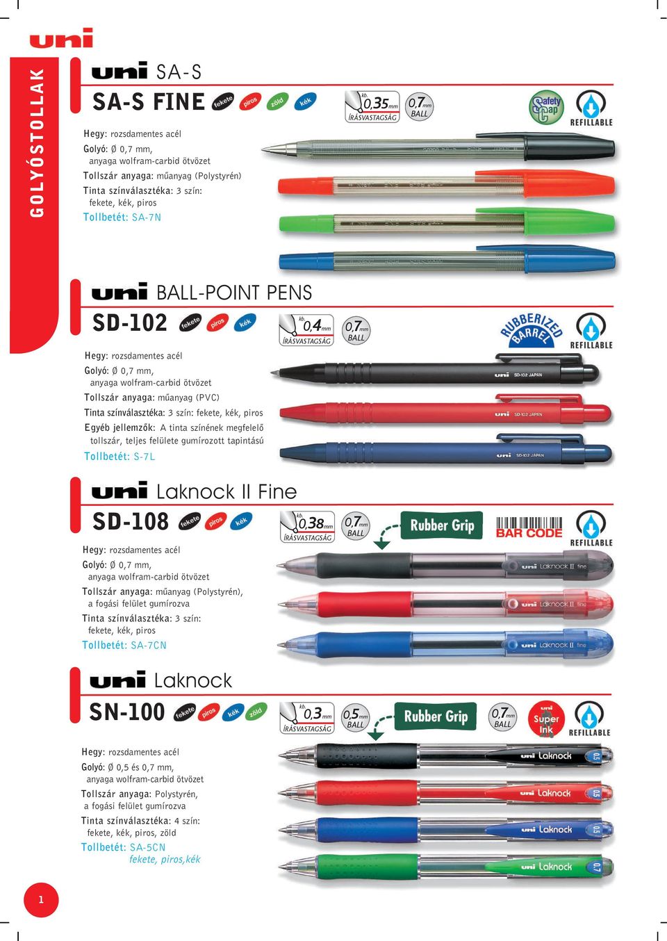 Laknock II Fine Golyó: Ø 0,7 mm, Tollszár anyaga: mûanyag (Polystyrén), a fogási felület gumírozva Tinta színválasztéka: 3 szín: fekete, kék, piros Tollbetét: SA-7CN SN-100 Laknock Golyó: Ø