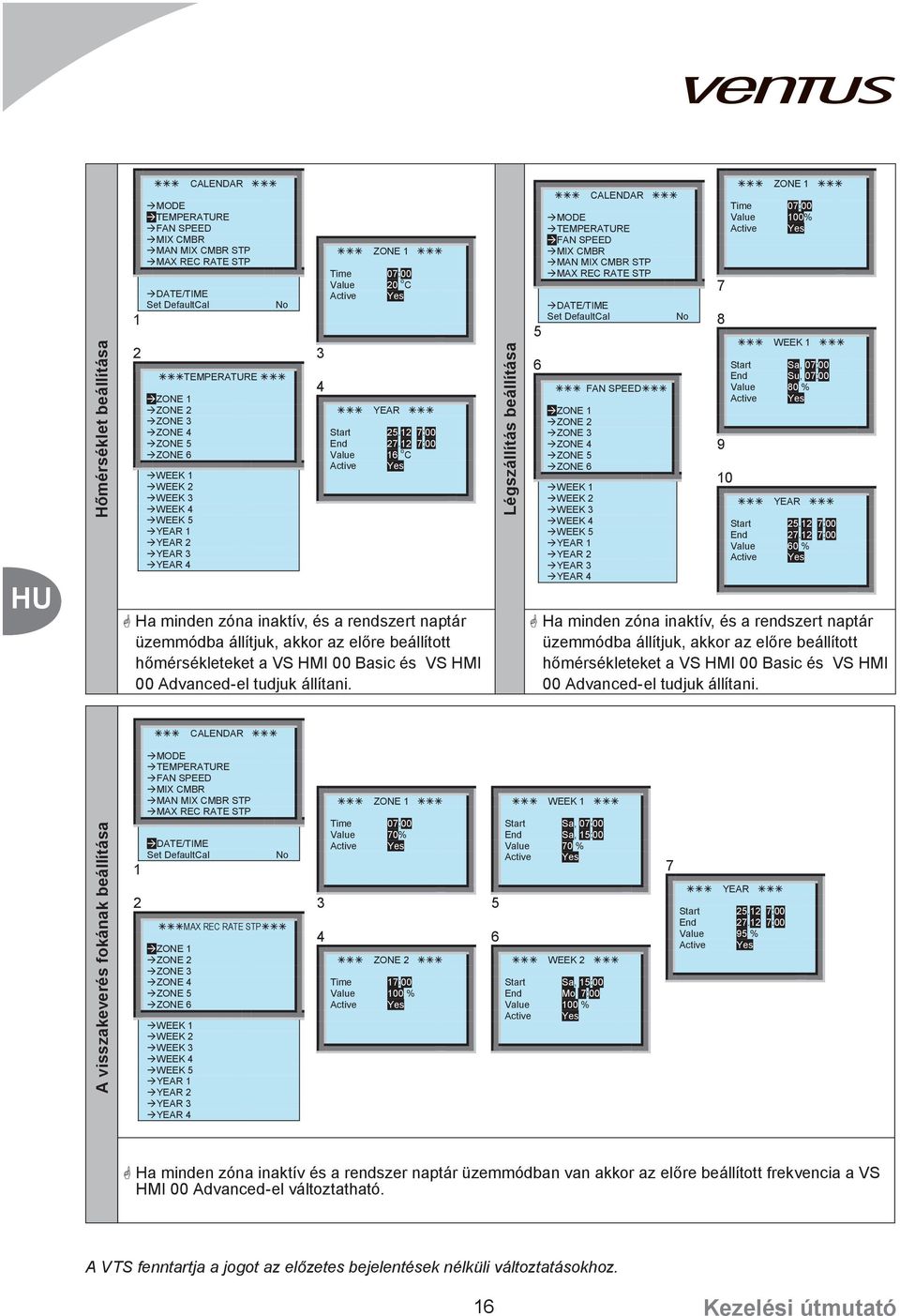 12 7:00 Value 16 o C Active Yes Ha minden zóna inaktív, és a rendszert naptár üzemmódba állítjuk, akkor az előre beállított hőmérsékleteket a VS HI 00 Basic és VS HI 00 Advanced-el tudjuk állítani.