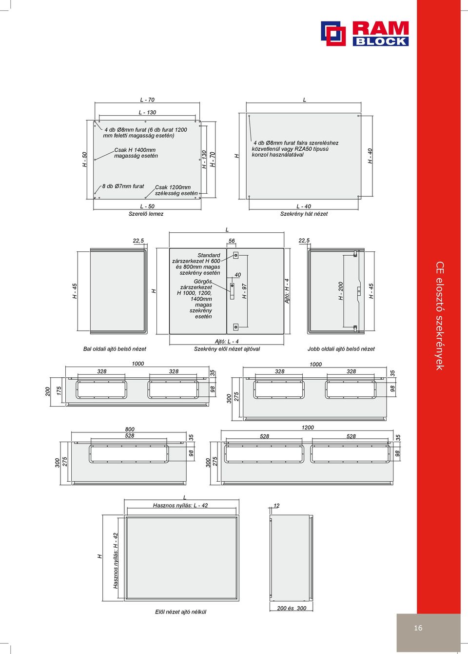 zárszerkezet H 600 és 800mm magas szekrény esetén Görgős zárszerkezet H 1000, 1200, 1400mm magas szekrény esetén 328 40 H - 97 Ajtó: L - 4 Szekrény elől nézet ajtóval 35 328 Ajtó: H - 4 H - 200 H -