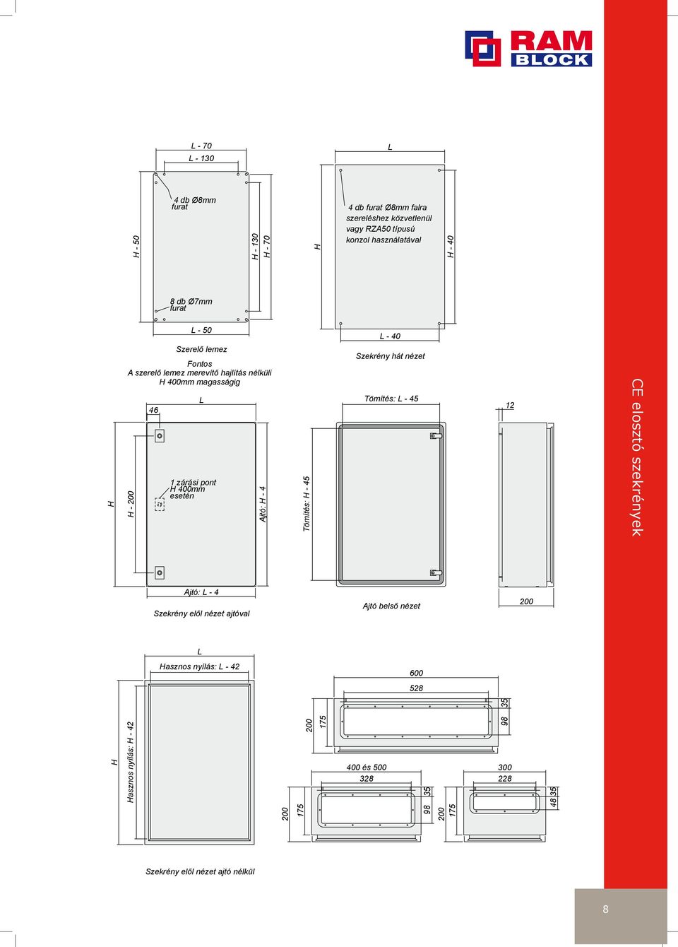 H - 4 Tömítés: H - 45 L - 40 Szekrény hát nézet Tömítés: L - 45 12 CE elosztó szekrények Ajtó: L - 4 Szekrény elől nézet ajtóval Ajtó belső nézet 200 L