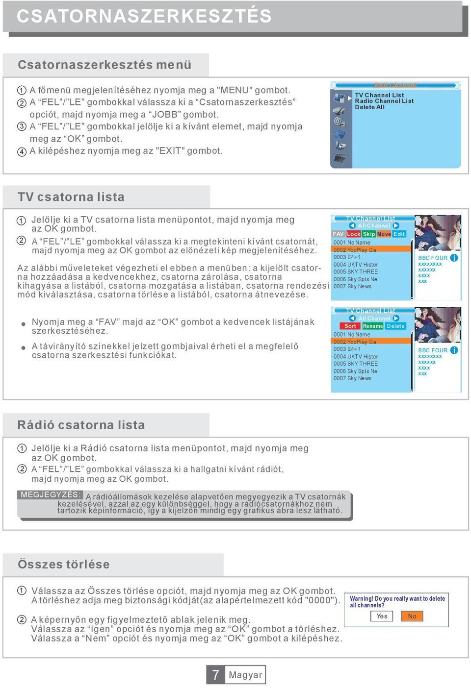 Edit Channel TV Channel List Radio Channel List Delete All TV csatorna lista 1 Jelölje ki a TV csatorna lista menüpontot, majd nyomja meg TV Channel List All Channel az OK gombot.