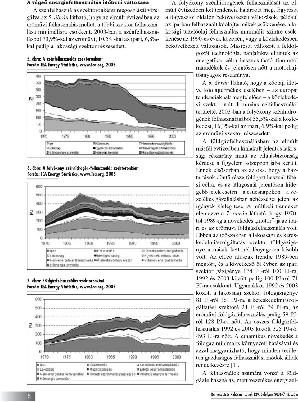 2003-ban a szénfelhasználásból 73,9%-kal az erõmûvi, 10,5%-kal az ipari, 6,8%- kal pedig a lakossági szektor részesedett. 5. ábra: A szénfelhasználás szektoronként Forrás: IEA Energy Statistics, www.