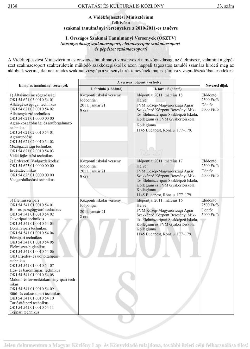 mezõgazdaság, az élelmiszer, valamint a gépészet szakmacsoport szakterületein mûködõ szakközépiskolák azon nappali tagozatos tanulói számára hirdeti meg az alábbiak szerint, akiknek rendes szakmai