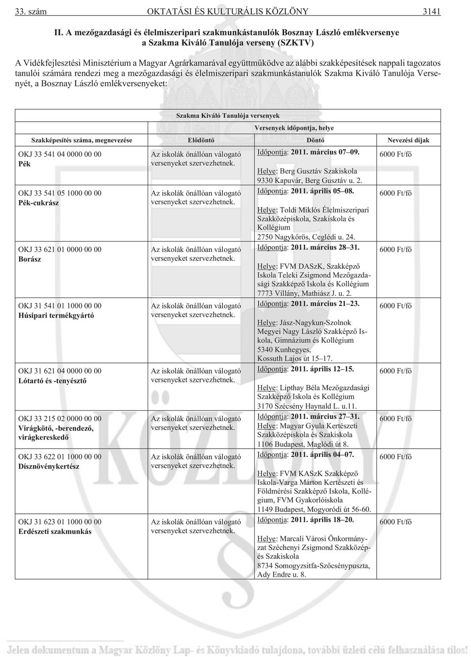 alábbi szakképesítések nappali tagozatos tanulói számára rendezi meg a mezõgazdasági és élelmiszeripari szakmunkástanulók Szakma Kiváló Tanulója Versenyét, a Bosznay László emlékversenyeket: Szakma