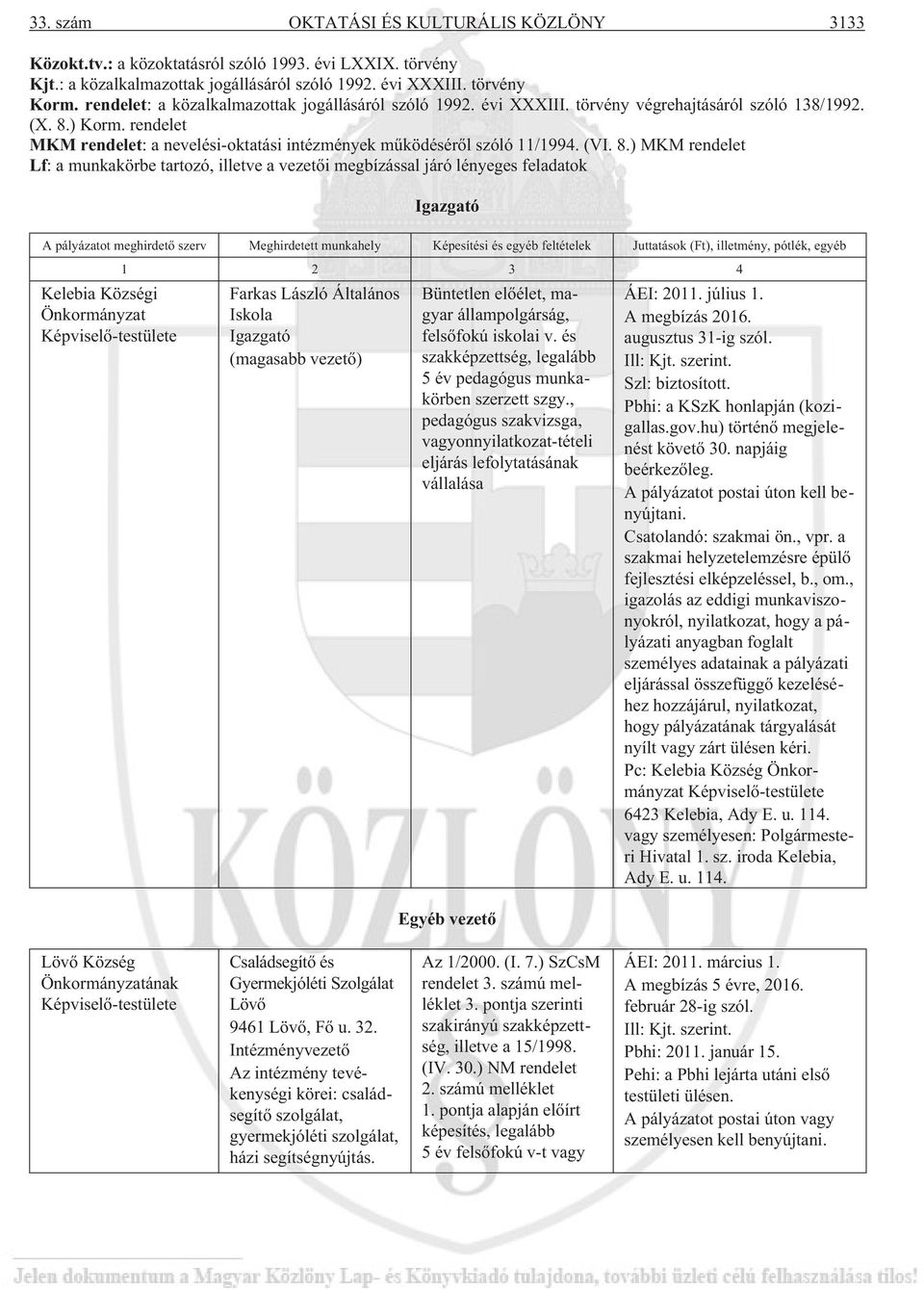 rendelet MKM rendelet: a nevelési-oktatási intézmények mûködésérõl szóló 11/1994. (VI. 8.