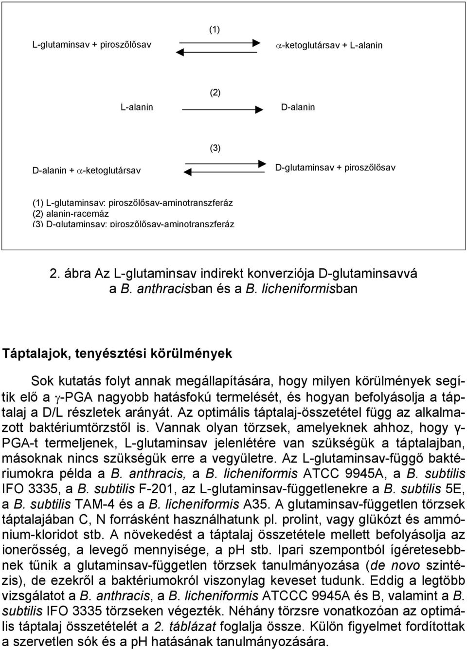 licheniformisban Táptalajok, tenyésztési körülmények Sok kutatás folyt annak megállapítására, hogy milyen körülmények segítik elő a γ-pga nagyobb hatásfokú termelését, és hogyan befolyásolja a