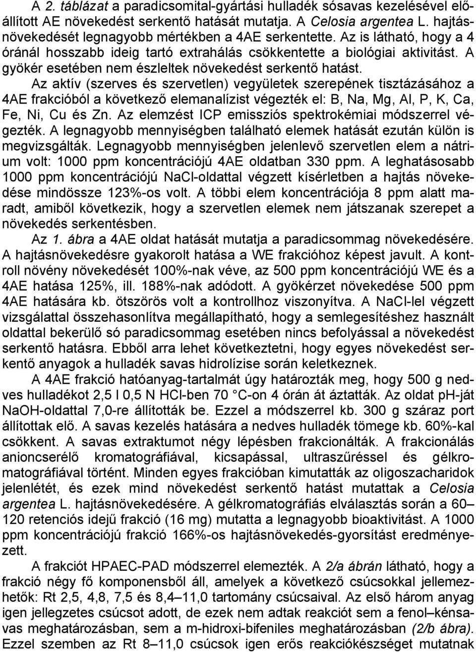 Az aktív (szerves és szervetlen) vegyületek szerepének tisztázásához a 4AE frakcióból a következő elemanalízist végezték el: B, Na, Mg, Al, P, K, Ca, Fe, Ni, Cu és Zn.