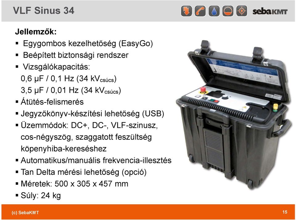 Üzemmódok: DC+, DC-, VLF-szinusz, cos-négyszög, szaggatott feszültség köpenyhiba-kereséshez