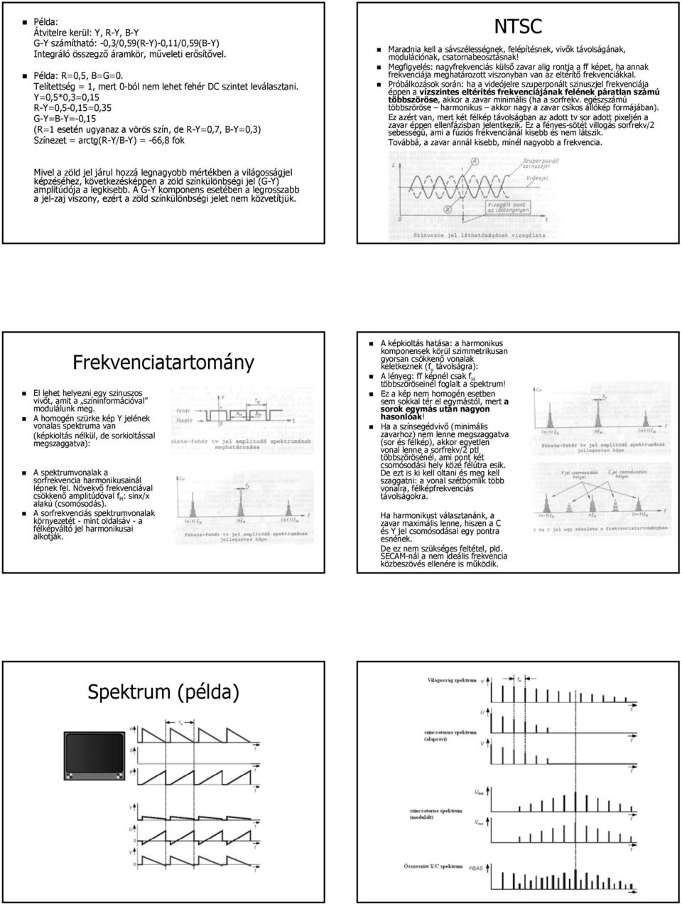 Y=0,5*0,3=0,15 R-Y=0,5-0,15=0,350,15=0,35 G-Y=B-Y= Y=-0,15 (R=1 esetén ugyanaz a vörös szín, de R-Y=0,7, R B-Y=0,3) B Színezet = arctg(r-y/b Y/B-Y) ) = -66,8 fok NTSC Maradnia kell a sávszélességnek,