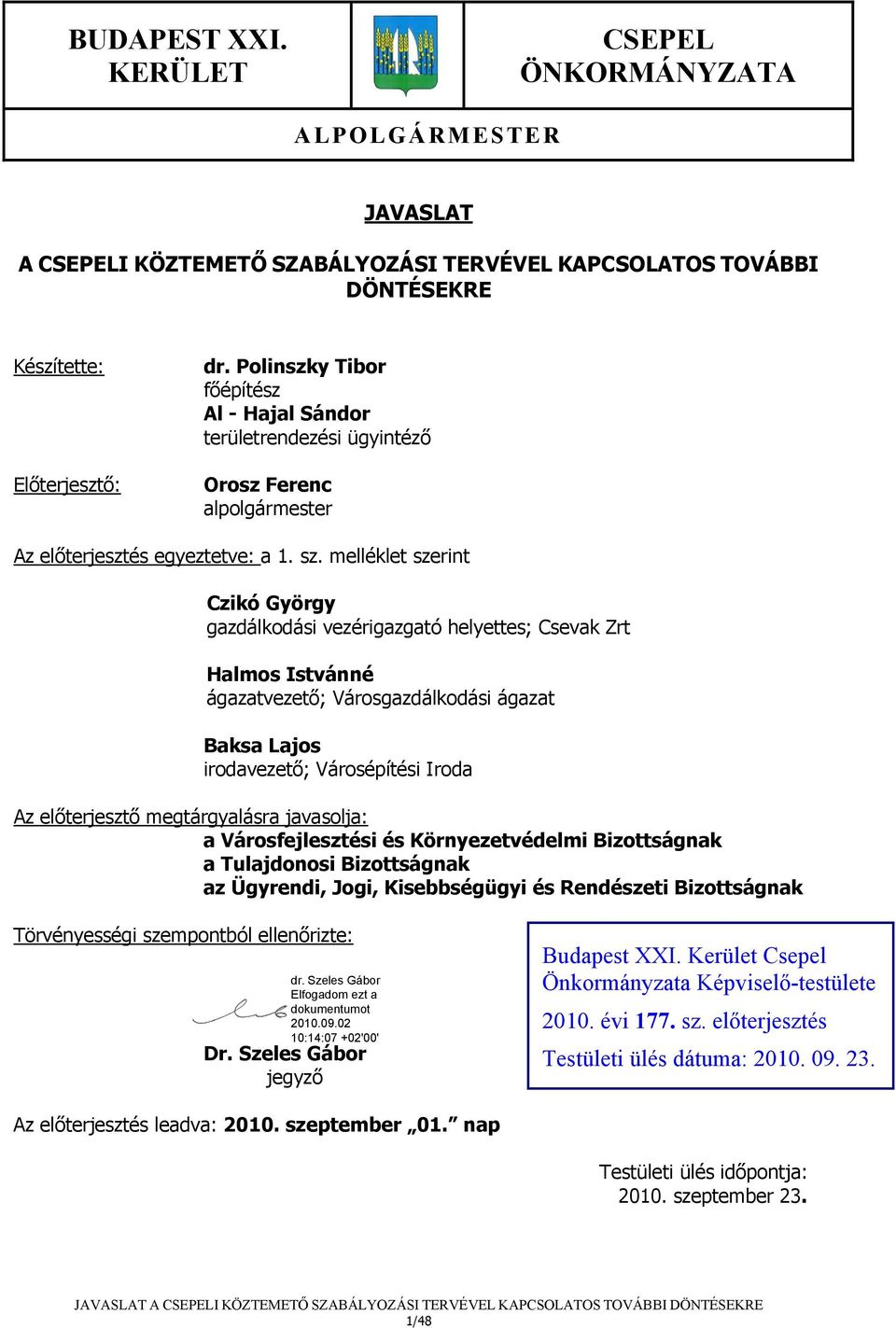 melléklet szerint Czikó György gazdálkodási vezérigazgató helyettes; Csevak Zrt Halmos Istvánné ágazatvezető; Városgazdálkodási ágazat Baksa Lajos irodavezető; Városépítési Iroda Az előterjesztő