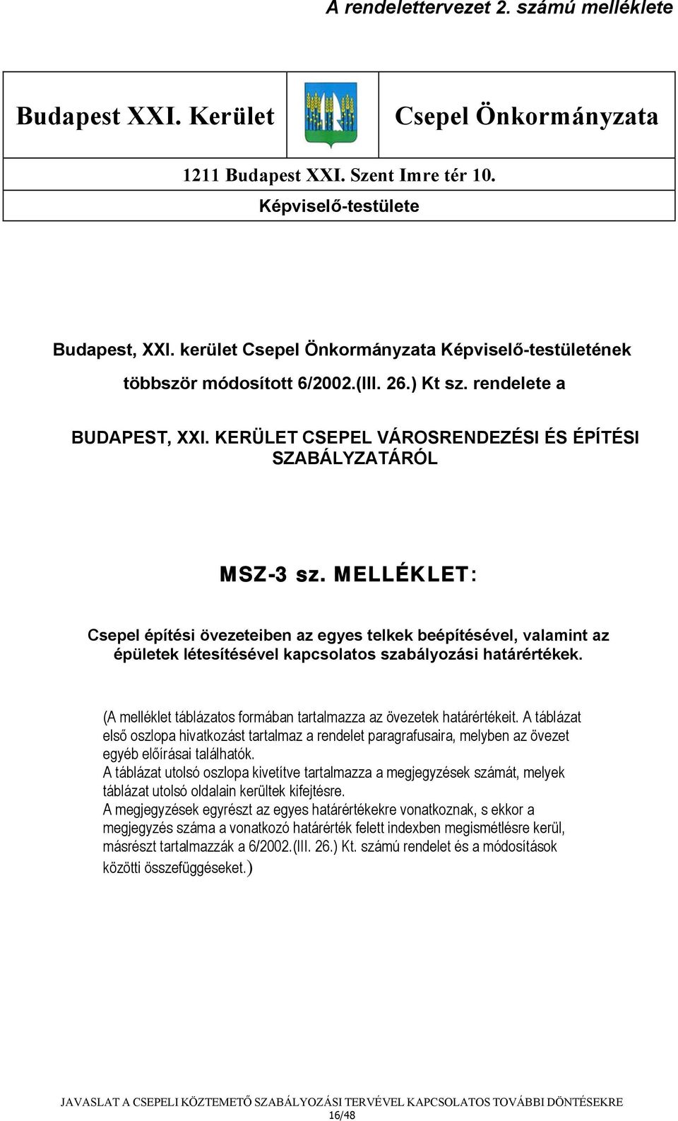 MELLÉKLET: Csepel építési övezeteiben az egyes telkek beépítésével, valamint az épületek létesítésével kapcsolatos szabályozási határértékek.