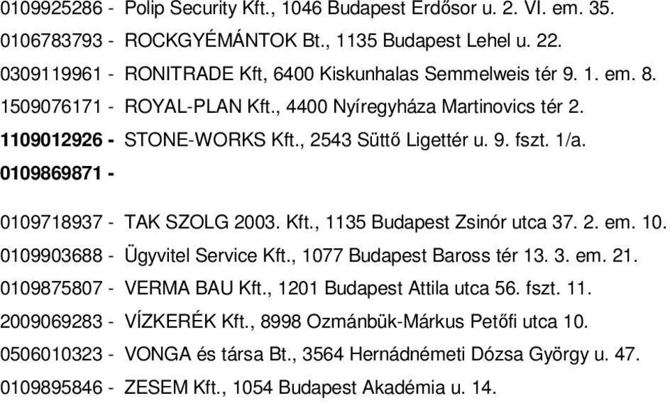 , 2543 Süttő Ligettér u. 9. fszt. 1/a. 0109869871-0109718937 - TAK SZOLG 2003. Kft., 1135 Budapest Zsinór utca 37. 2. em. 10. 0109903688 - Ügyvitel Service Kft., 1077 Budapest Baross tér 13.