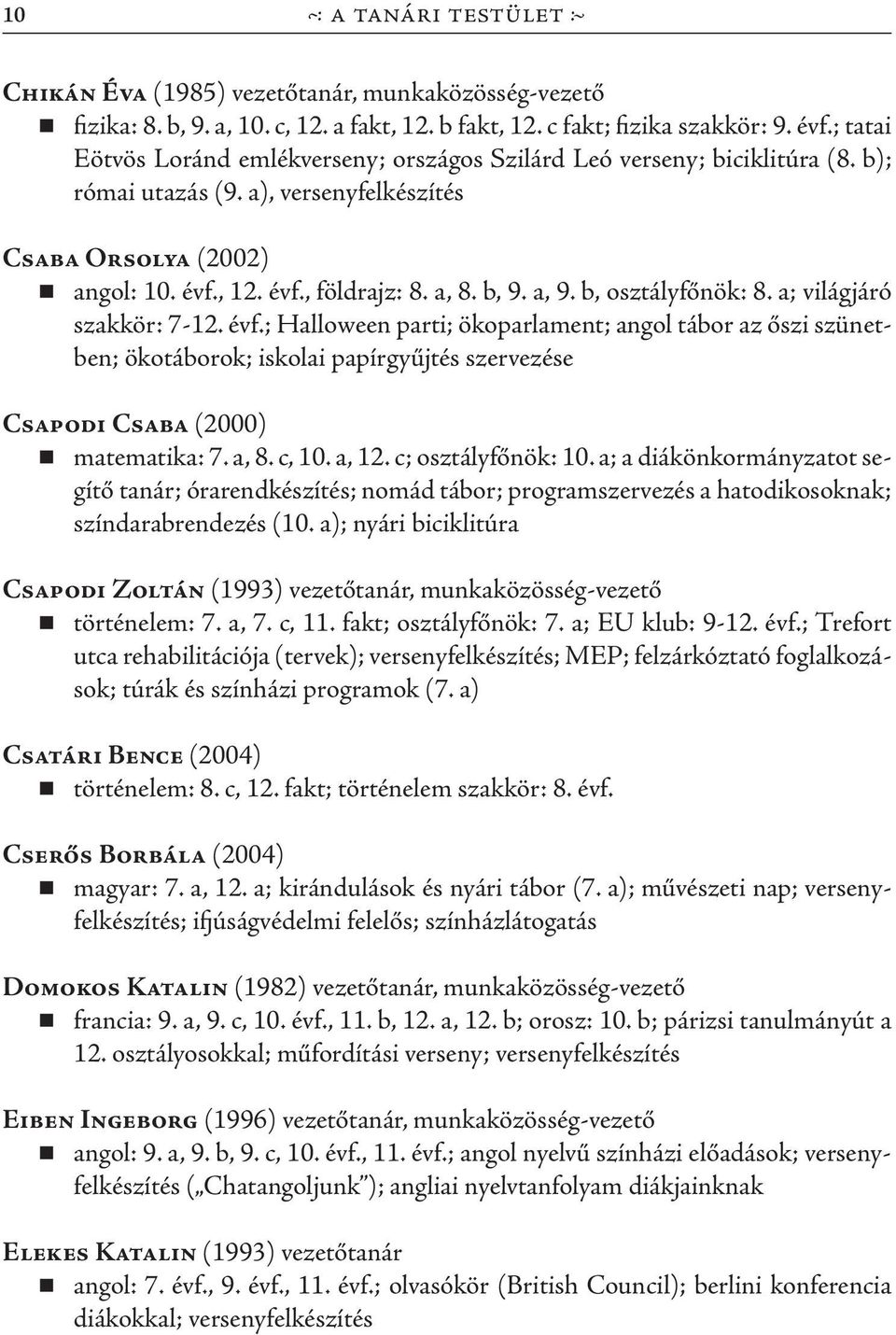 a, 9. b, osztályfőnök: 8. a; világjáró szakkör: 7-12. évf.