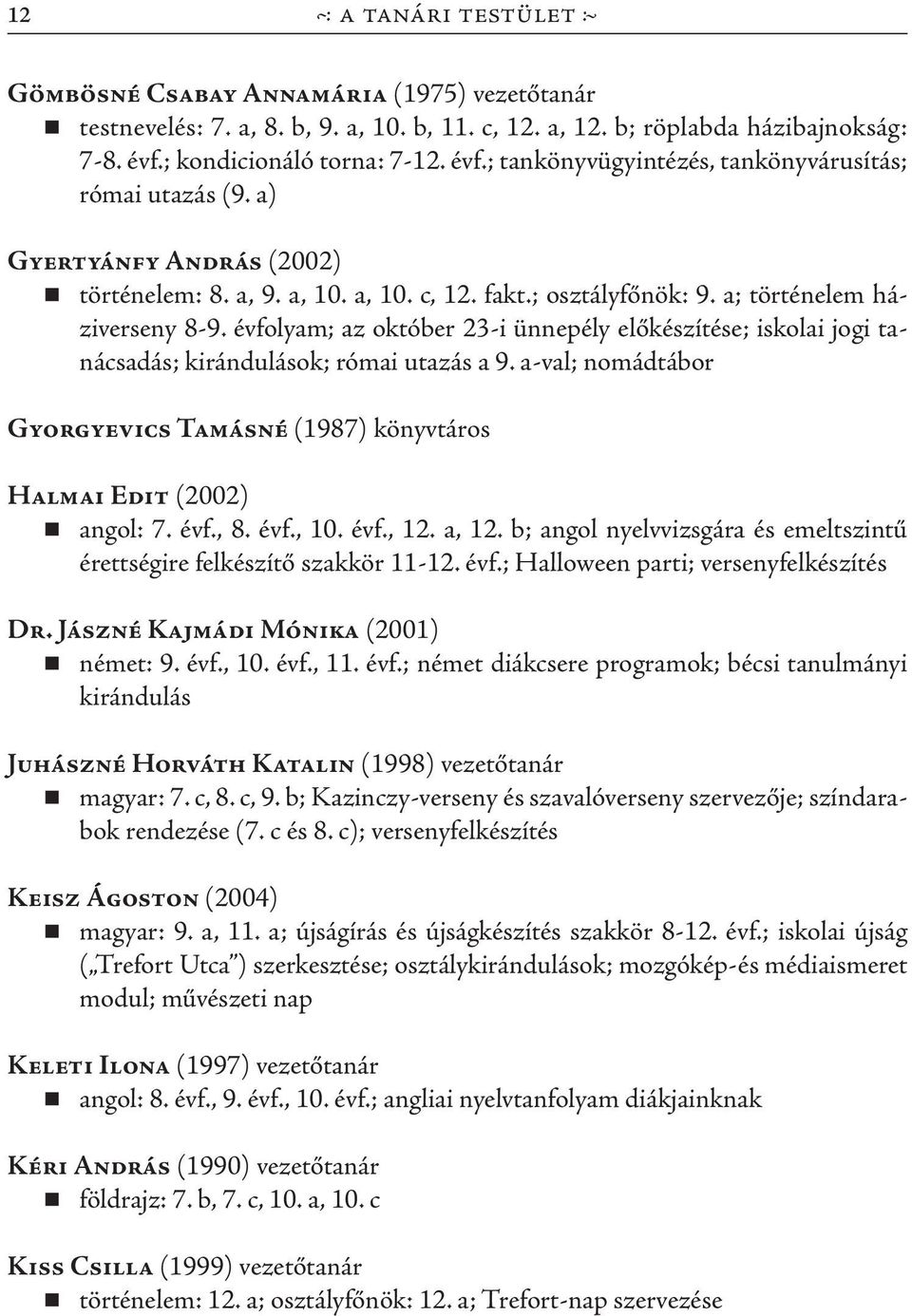 a; történelem háziverseny 8-9. évfolyam; az október 23-i ünnepély előkészítése; iskolai jogi tanácsadás; kirándulások; római utazás a 9.