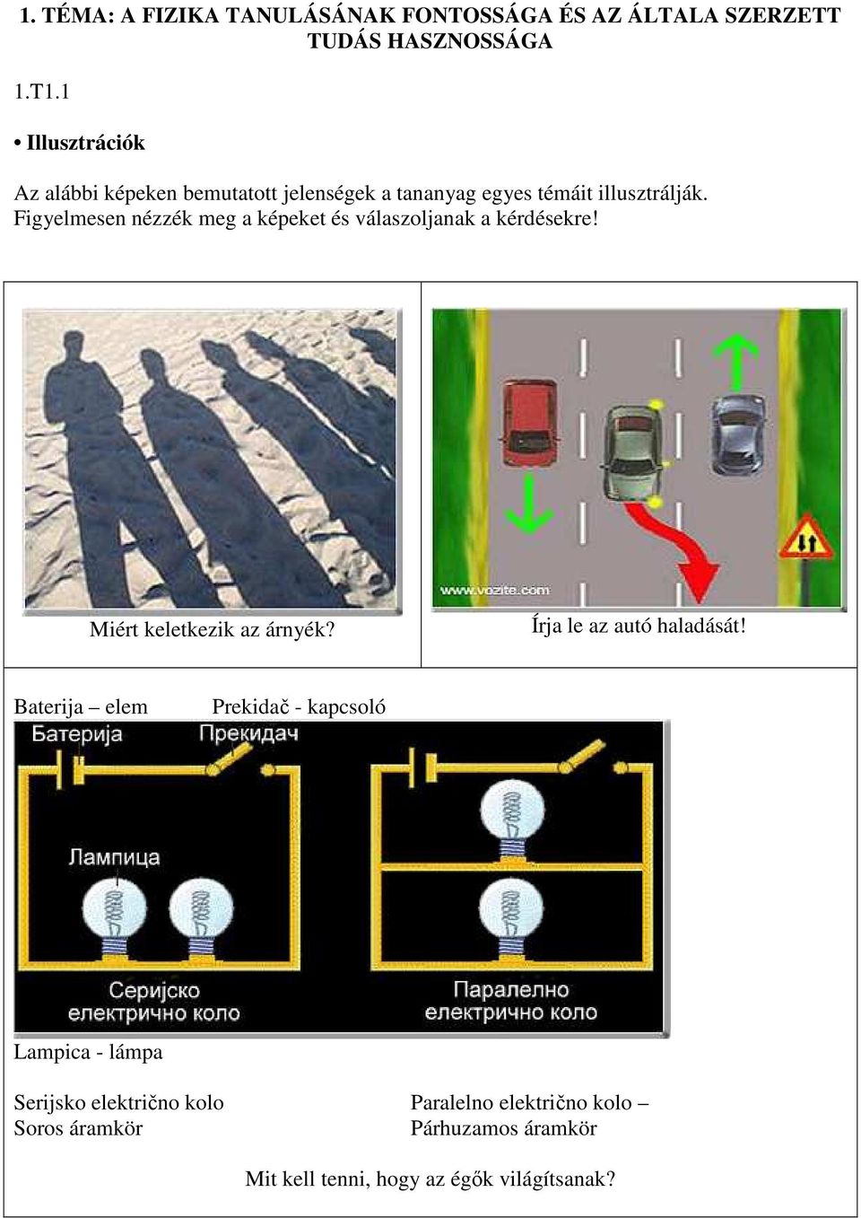 Figyelmesen nézzék meg a képeket és válaszoljanak a kérdésekre! Miért keletkezik az árnyék? Írja le az autó haladását!