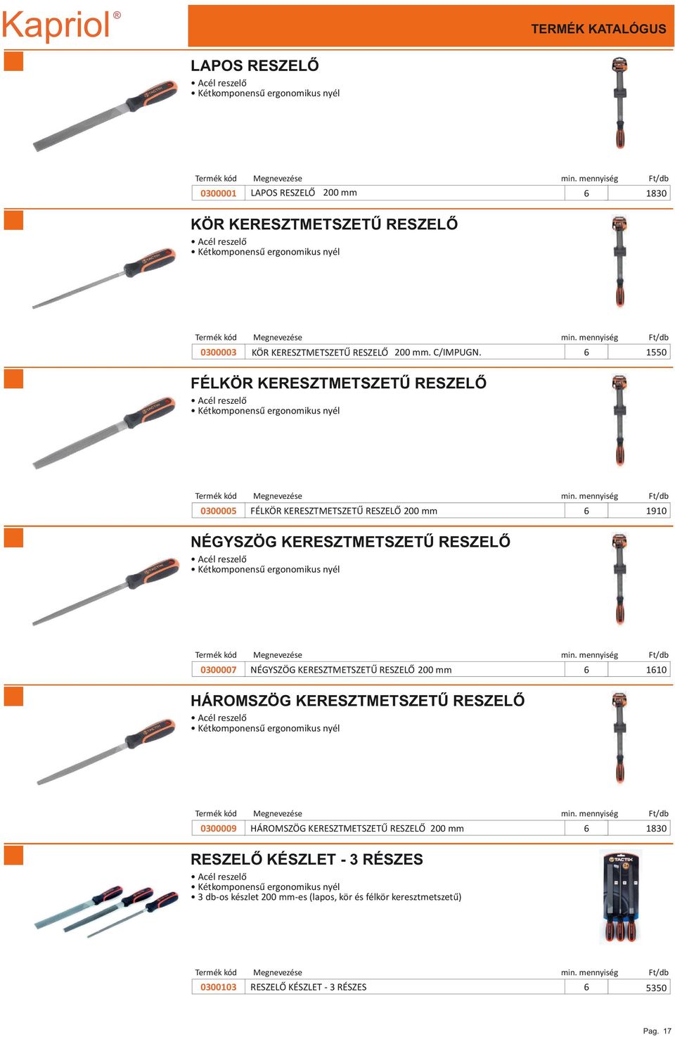 1550 FÉLKÖR KERESZTMETSZETŰ RESZELŐ Acél reszelő Kétkomponensű ergonomikus nyél 0300005 FÉLKÖR KERESZTMETSZETŰ RESZELŐ 200 mm 19 NÉGYSZÖG KERESZTMETSZETŰ RESZELŐ Acél reszelő Kétkomponensű