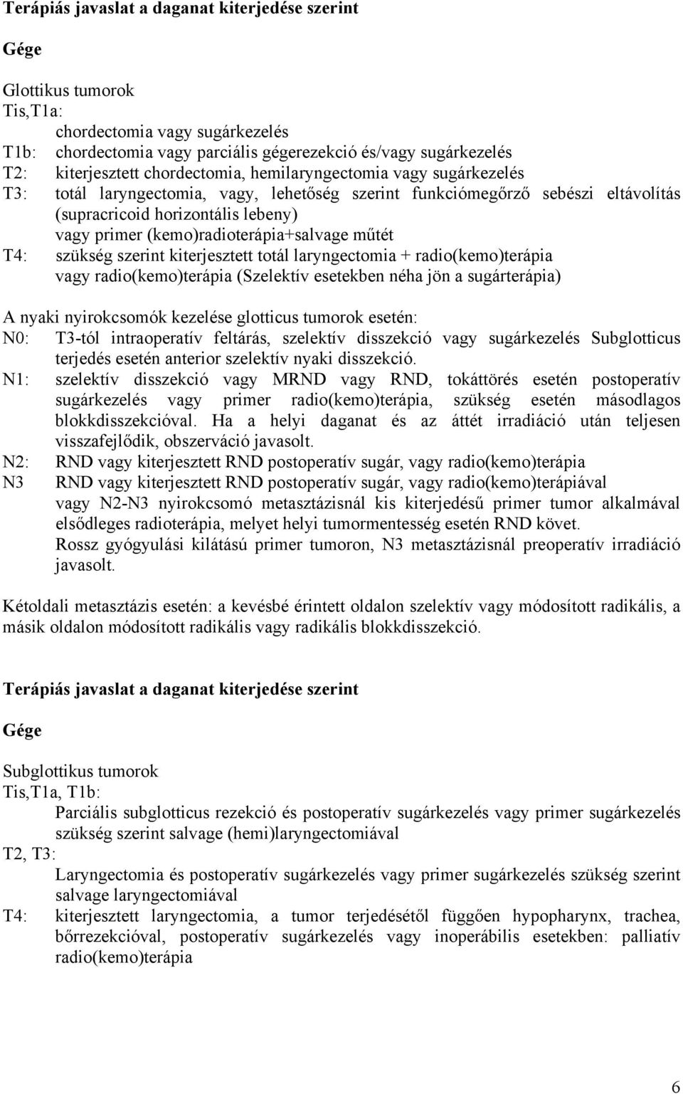 (kemo)radioterápia+salvage műtét T4: szükség szerint kiterjesztett totál laryngectomia + radio(kemo)terápia vagy radio(kemo)terápia (Szelektív esetekben néha jön a sugárterápia) A nyaki nyirokcsomók