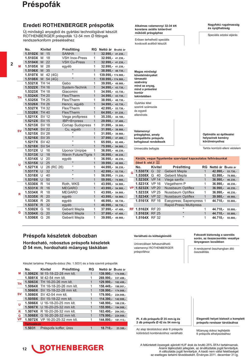 Kivitel Présfitting RG Nettó ár Bruttó ár.502x M 5 SANHA 32.990,- 4.238,-.503X M 8 VSH Inox-Press 32.990,- 4.238,-.504X M 22 VSH Cu-Press 32.990,- 4.238,-.505X M 28 egyéb 32.990,- 4.238,-.506X M 35 " 38.