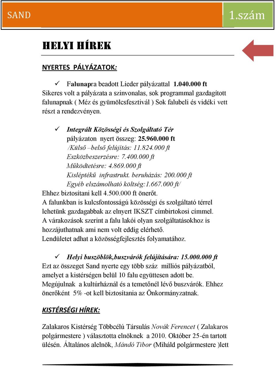 Integrált Közösségi és Szolgáltató Tér pályázaton nyert összeg: 25.960.000 ft /Külső belső felújítás: 11.824.000 ft Eszközbeszerzésre: 7.400.000 ft Működtetésre: 4.869.000 ft Kisléptékű infrastrukt.