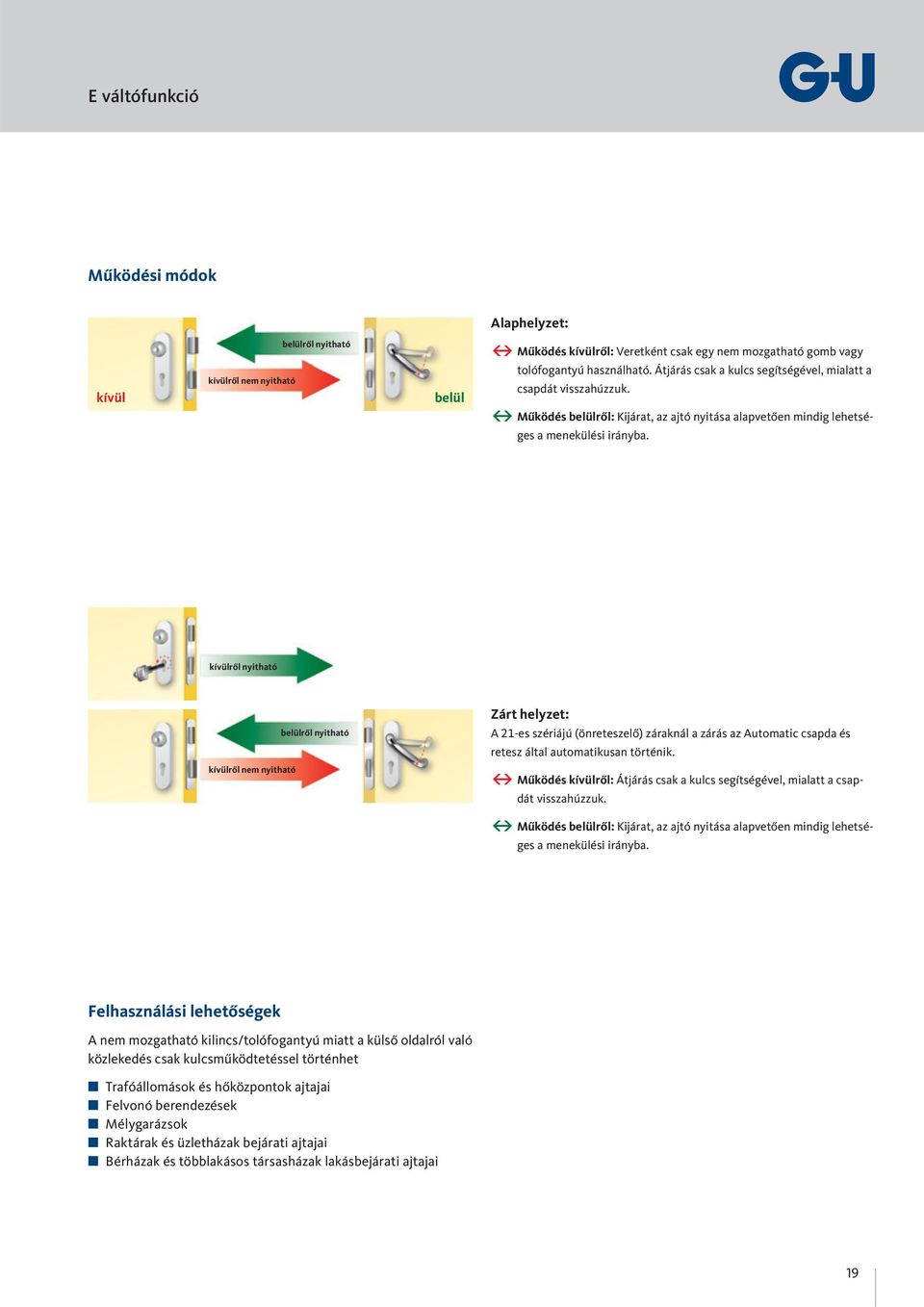 kívülről nyitható kívülről nem nyitható belülről nyitható Zárt helyzet: A -es szériájú (önreteszelő) záraknál a zárás az Automatic csapda és retesz által automatikusan történik.