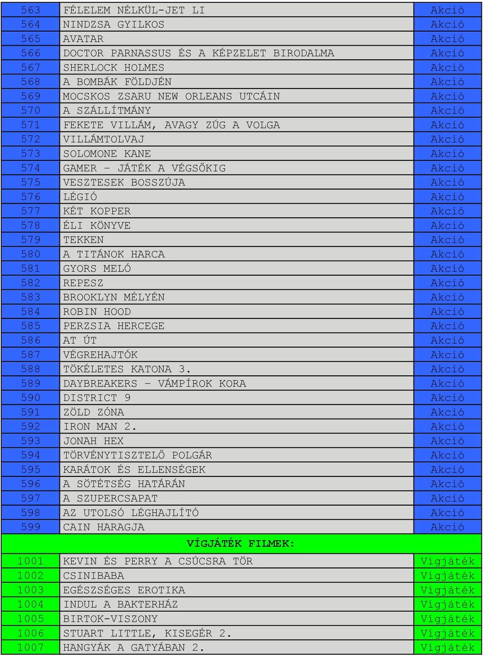 Akció 576 LÉGIÓ Akció 577 KÉT KOPPER Akció 578 ÉLI KÖNYVE Akció 579 TEKKEN Akció 580 A TITÁNOK HARCA Akció 581 GYORS MELÓ Akció 582 REPESZ Akció 583 BROOKLYN MÉLYÉN Akció 584 ROBIN HOOD Akció 585