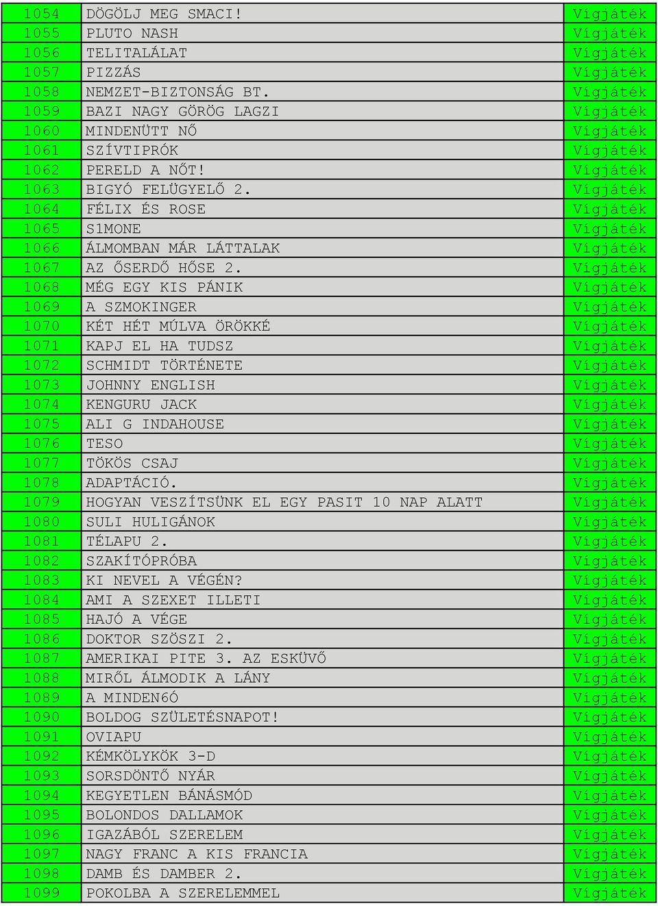 Vígjáték 1064 FÉLIX ÉS ROSE Vígjáték 1065 S1MONE Vígjáték 1066 ÁLMOMBAN MÁR LÁTTALAK Vígjáték 1067 AZ ŐSERDŐ HŐSE 2.
