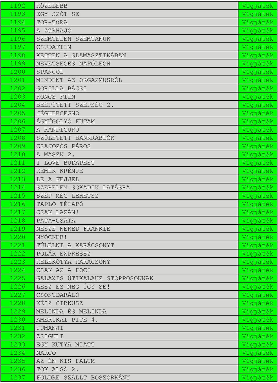 Vígjáték 1205 JÉGHERCEGNŐ Vígjáték 1206 ÁGYÚGOLYÓ FUTAM Vígjáték 1207 A RANDIGURU Vígjáték 1208 SZÜLETETT BANKRABLÓK Vígjáték 1209 CSAJOZÓS PÁROS Vígjáték 1210 A MASZK 2.