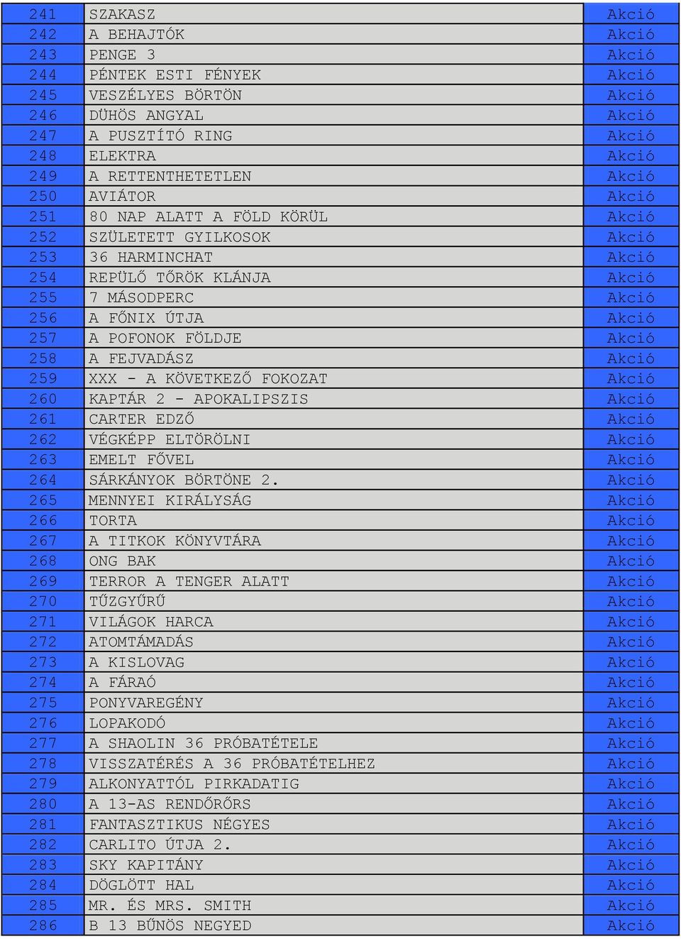 Akció 257 A POFONOK FÖLDJE Akció 258 A FEJVADÁSZ Akció 259 XXX - A KÖVETKEZŐ FOKOZAT Akció 260 KAPTÁR 2 - APOKALIPSZIS Akció 261 CARTER EDZŐ Akció 262 VÉGKÉPP ELTÖRÖLNI Akció 263 EMELT FŐVEL Akció