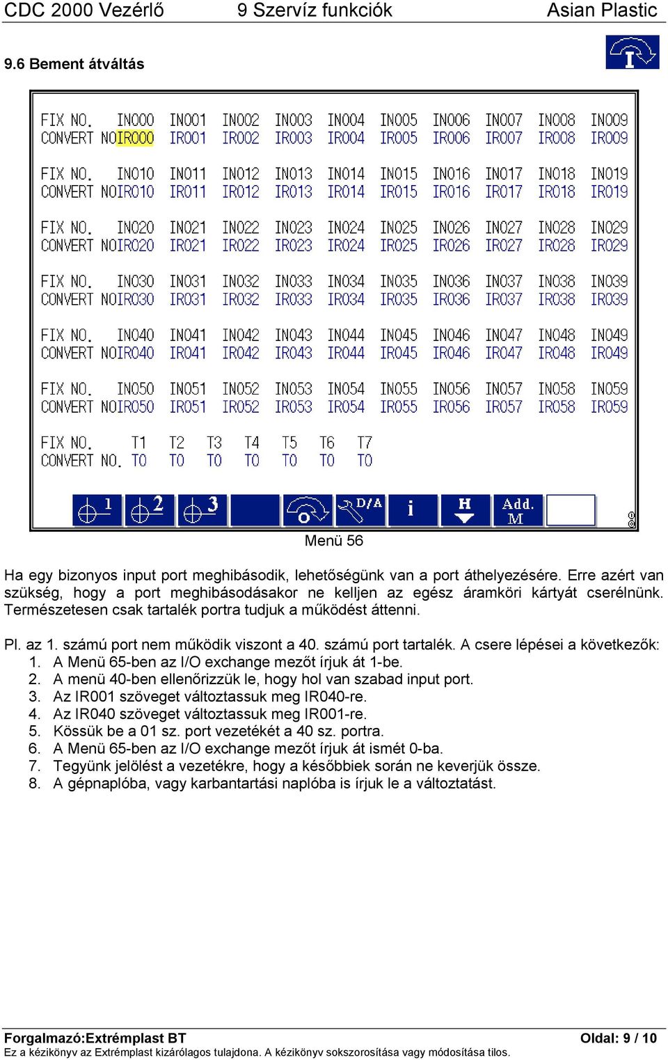 számú port nem működik viszont a 40. számú port tartalék. A csere lépései a következők: 1. A Menü 65-ben az I/O exchange mezőt írjuk át 1-be. 2.