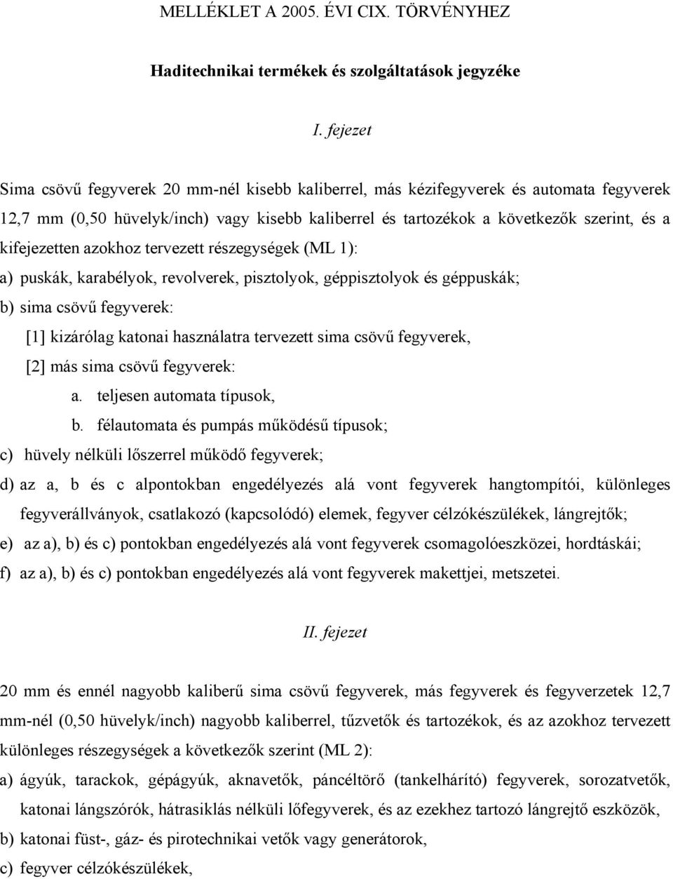 kifejezetten azokhoz tervezett részegységek (ML 1): a) puskák, karabélyok, revolverek, pisztolyok, géppisztolyok és géppuskák; b) sima csövű fegyverek: [1] kizárólag katonai használatra tervezett