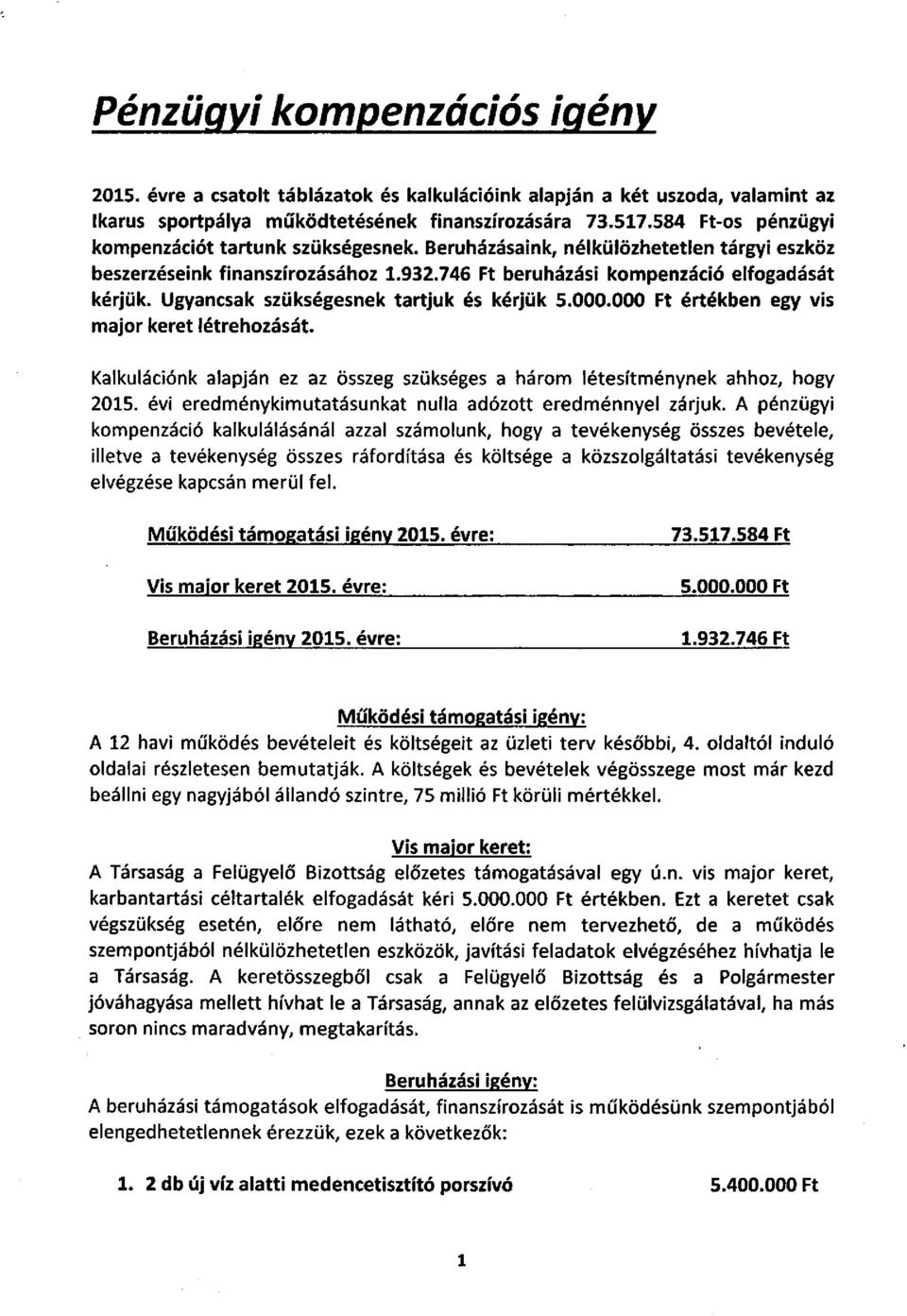 Ugyancsak szükségesnek tartjuk és kérjük 5.000.000 Ft értékben egy vis major keret létrehozását. Kalkulációnk alapján ez az összeg szükséges a három létesítménynek ahhoz, hogy 2015.