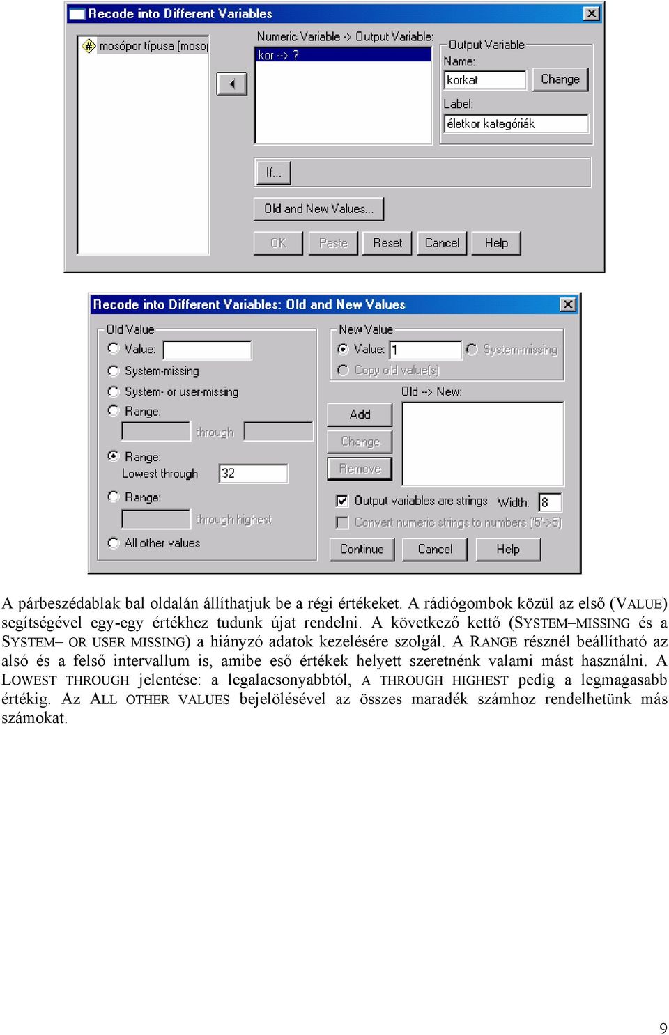 A következő kettő (SYSTEM MISSING és a SYSTEM OR USER MISSING) a hiányzó adatok kezelésére szolgál.