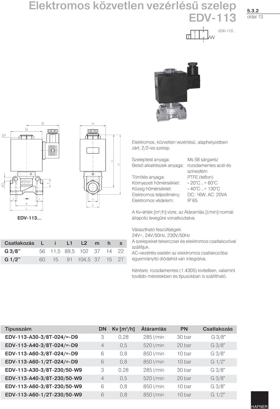 Elektromos teljesítmény: DC: 16W, AC: 20VA Elektromos védelem: IP 65 EDV-113.