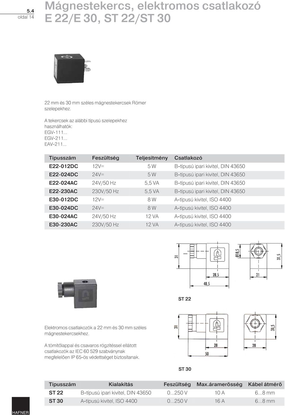 B-típusú ipari kivitel, DIN 43650 E22-024AC 24V/50 Hz 5,5 VA B-típusú ipari kivitel, DIN 43650 E22-230AC 230V/50 Hz 5,5 VA B-típusú ipari kivitel, DIN 43650 E30-012DC 12V= 8 W A-típusú kivitel, ISO