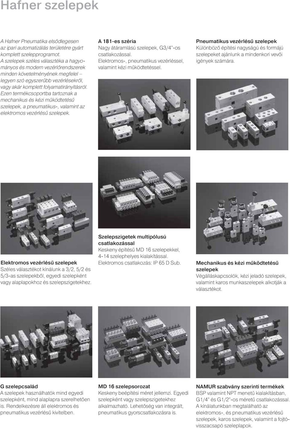 Ezen termékcsoportba tartoznak a mechanikus és kézi működtetésű szelepek, a pneumatikus-, valamint az elektromos vezérlésű szelepek. A 181-es széria Nagy átáramlású szelepek, G3/4 -os csatlakozással.