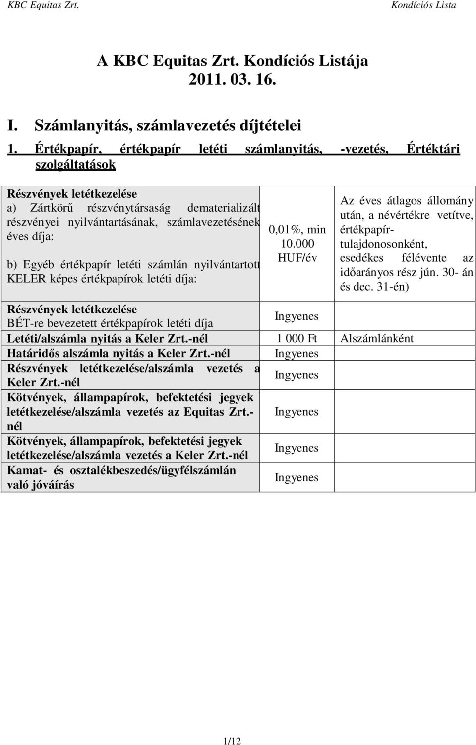 éves díja: b) Egyéb értékpapír letéti nyilvántartott KELER képes értékpapírok letéti díja: 0,01%, min 10.