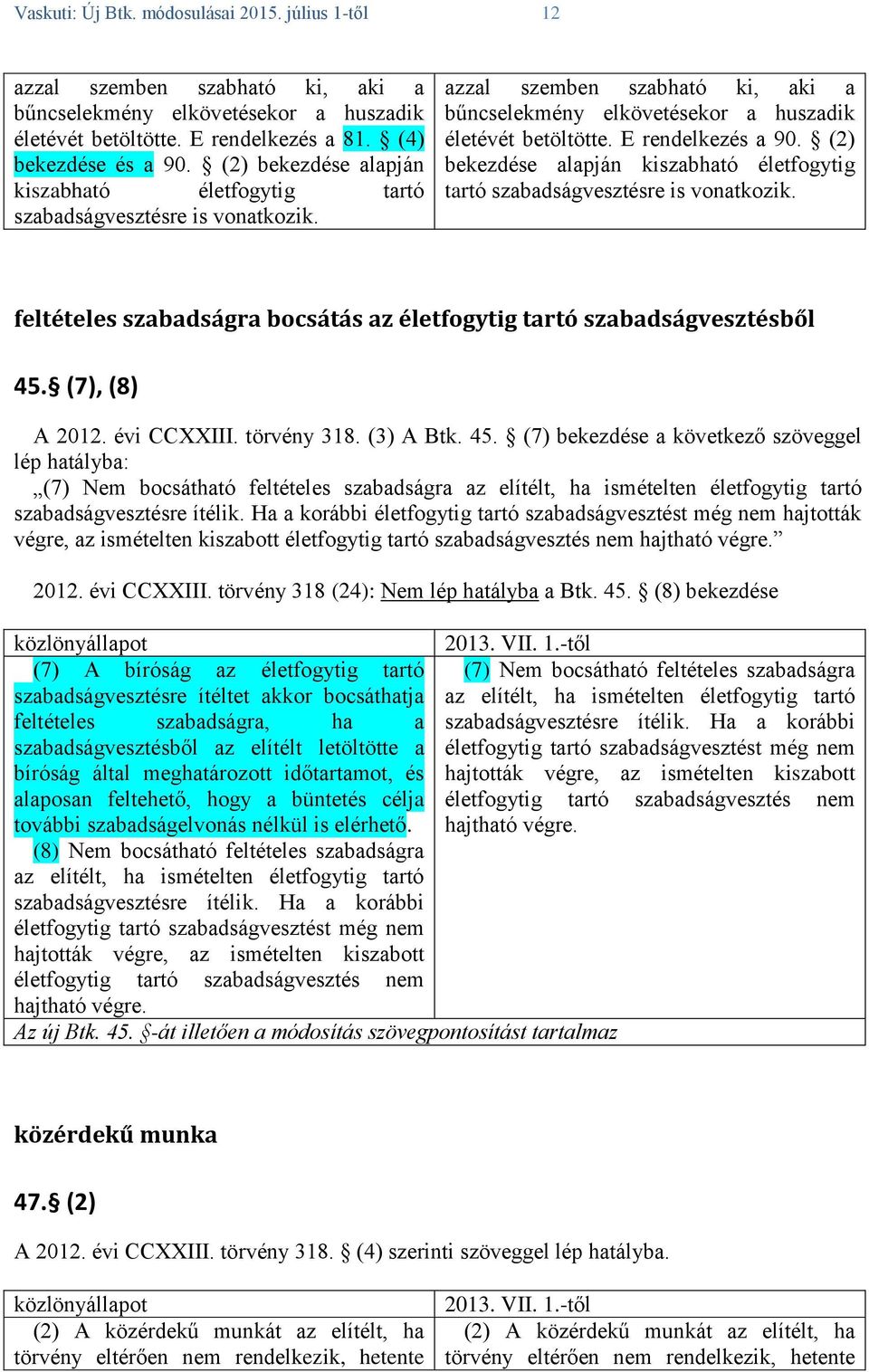 (2) bekezdése alapján kiszabható életfogytig tartó szabadságvesztésre is vonatkozik. feltételes szabadságra bocsátás az életfogytig tartó szabadságvesztésből 45. (7), (8) A 2012. évi CCXXIII.