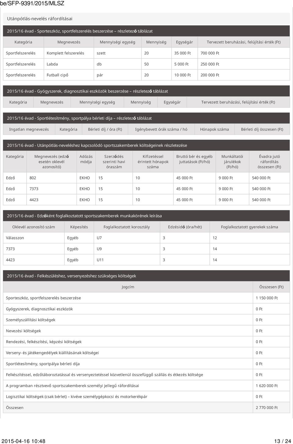 diagnosztikai eszközök beszerzése részletező táblázat Kategória Megnevezés Mennyiségi egység Mennyiség Egységár Tervezett beruházási, felújítási érték (Ft) 2015/16 évad - Sportlétesítmény, sportpálya