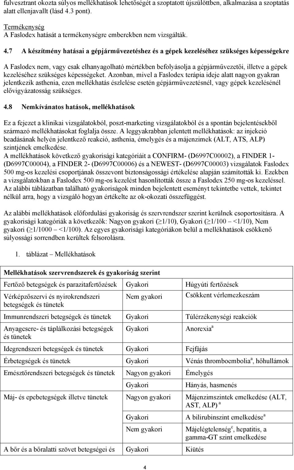 7 A készítmény hatásai a gépjárművezetéshez és a gépek kezeléséhez szükséges képességekre A Faslodex nem, vagy csak elhanyagolható mértékben befolyásolja a gépjárművezetői, illetve a gépek