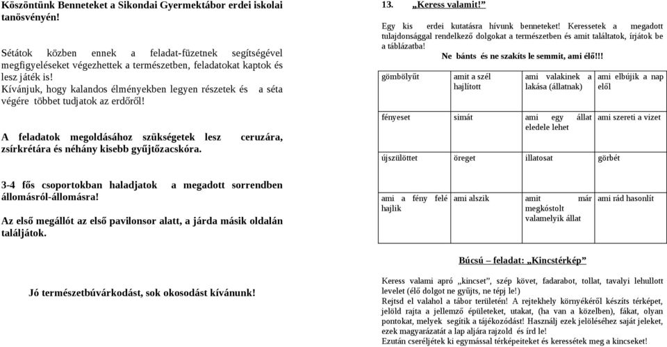 Kívánjuk, hogy kalandos élményekben legyen részetek és a séta végére többet tudjatok az erdőről! A feladatok megoldásához szükségetek lesz zsírkrétára és néhány kisebb gyűjtőzacskóra. ceruzára, 13.