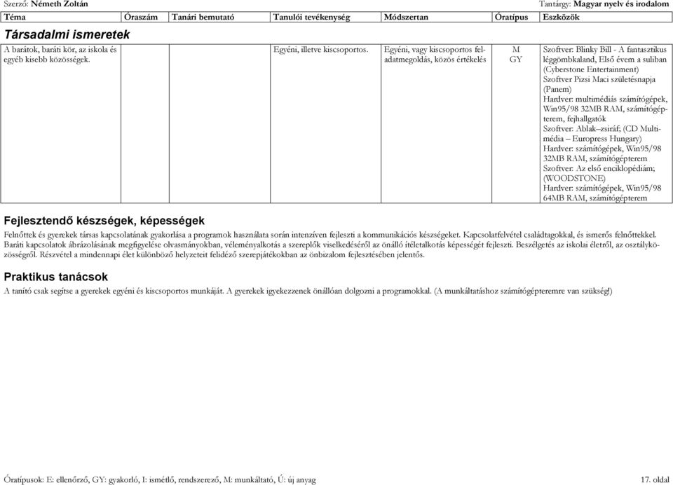 (Panem) Hardver: multimédiás számítógépek, Win95/98 32B RA, számítógépterem, fejhallgatók Szoftver: Ablak zsiráf; (CD ultimédia Europress Hungary) Hardver: számítógépek, Win95/98 32B RA,