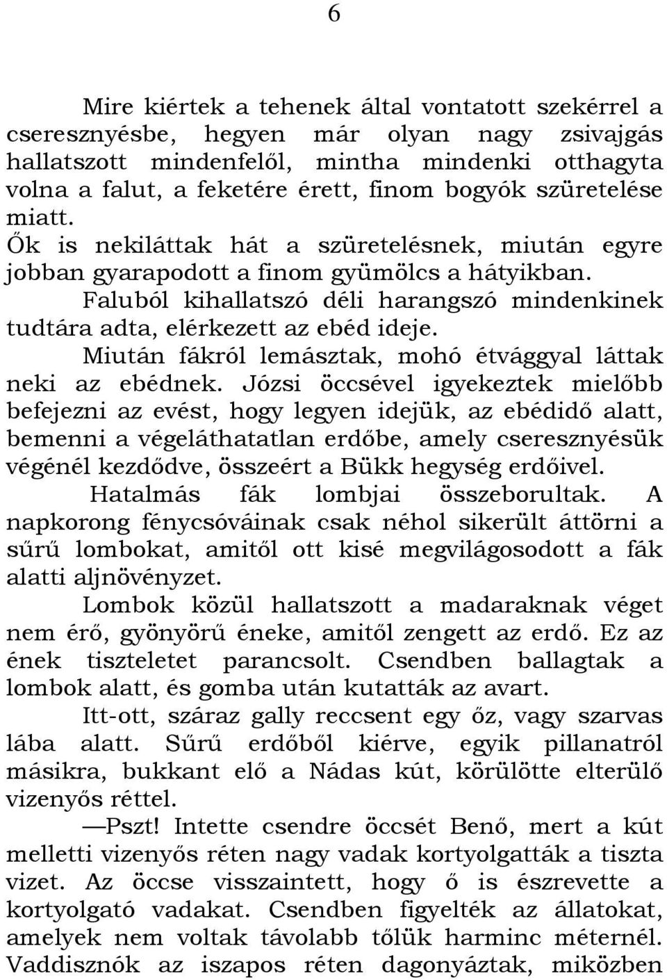 Faluból kihallatszó déli harangszó mindenkinek tudtára adta, elérkezett az ebéd ideje. Miután fákról lemásztak, mohó étvággyal láttak neki az ebédnek.