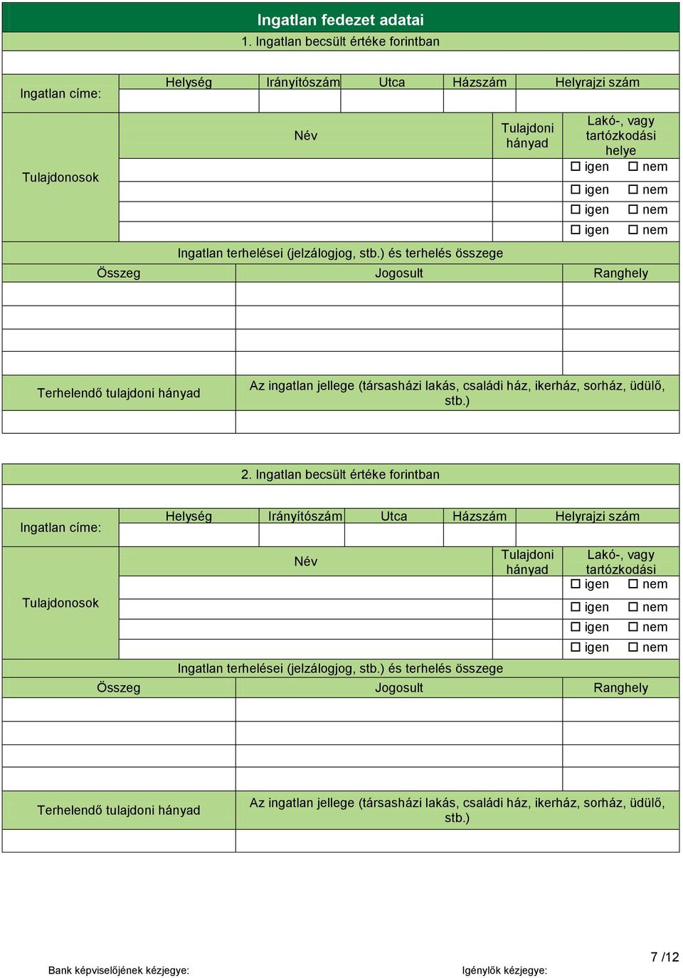 családi ház, ikerház, sorház, üdülő, stb.) 2. Ingatlan becsült értéke forintban Ingatlan címe: Helység Irányítószám Utca Házszám Helyrajzi szám Tulajdonosok Név Ingatlan terhelései (jelzálogjog, stb.