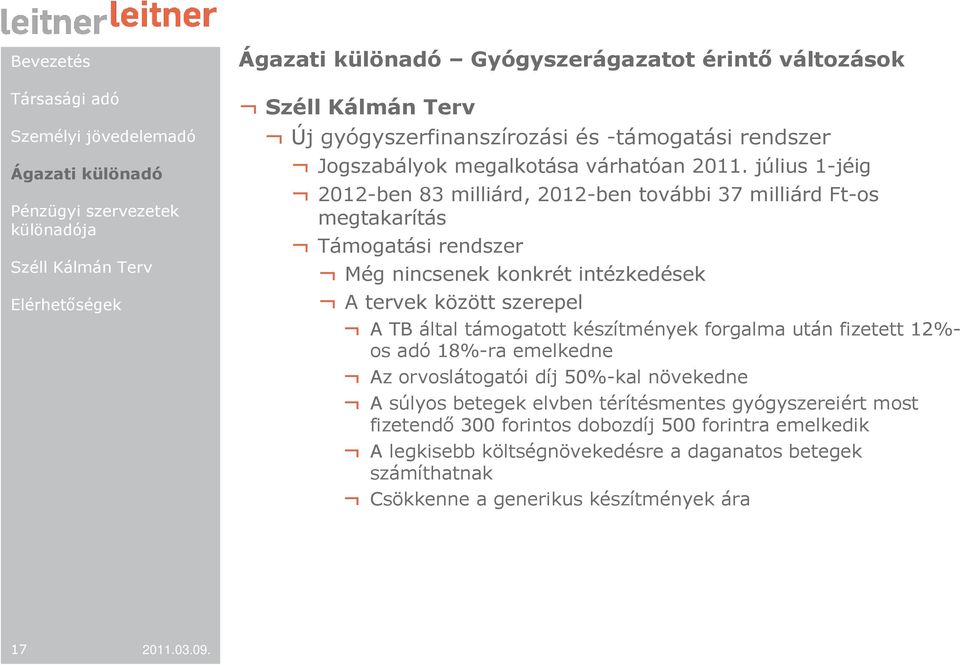 szerepel A TB által támogatott készítmények forgalma után fizetett 12%- os adó 18%-ra emelkedne Az orvoslátogatói díj 50%-kal növekedne A súlyos betegek elvben