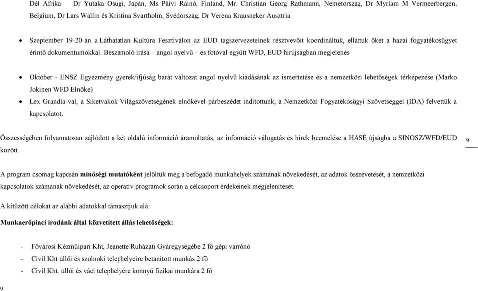 Fesztiválon az EUD tagszervezeteinek résztvevőit koordináltuk, elláttuk őket a hazai fogyatékosügyet érintő dokumentumokkal.