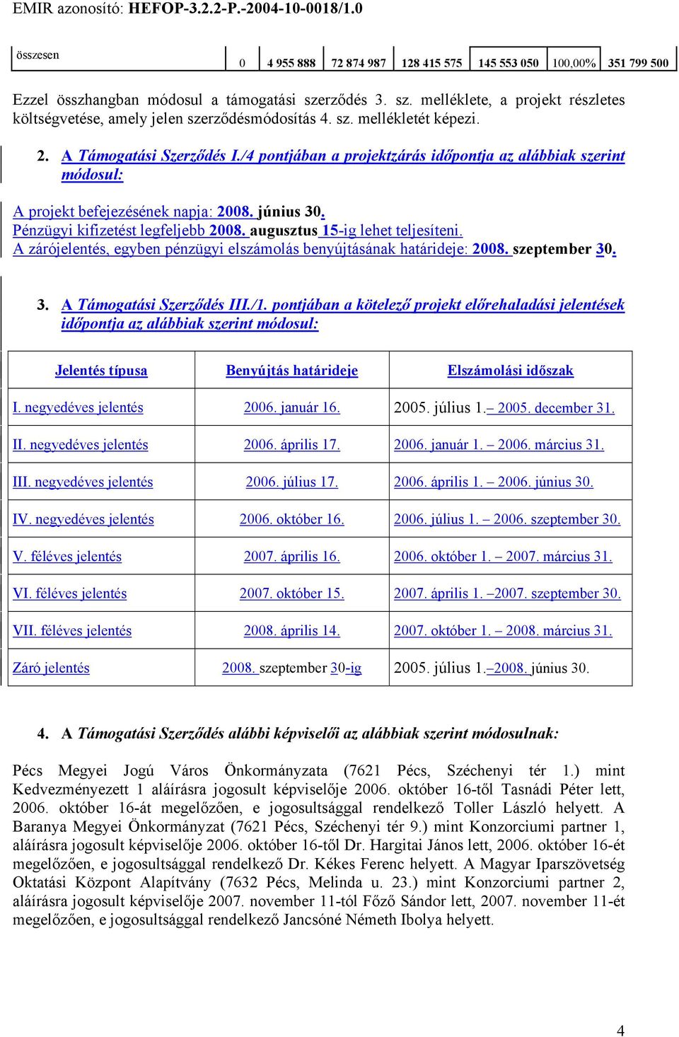 Pénzügyi kifizetést legfeljebb 2008. augusztus 15-ig lehet teljesíteni. A zárójelentés, egyben pénzügyi elszámolás benyújtásának határideje: 2008. szeptember 30. 3. A Támogatási Szerződés III./1.